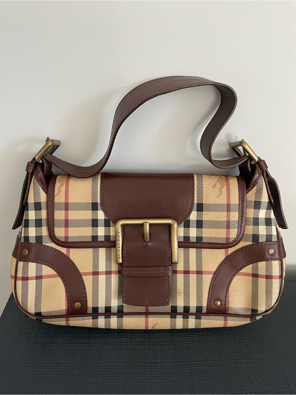 Burberry Tan Check Canvas Shoulder Bag with Brown Leather Trim